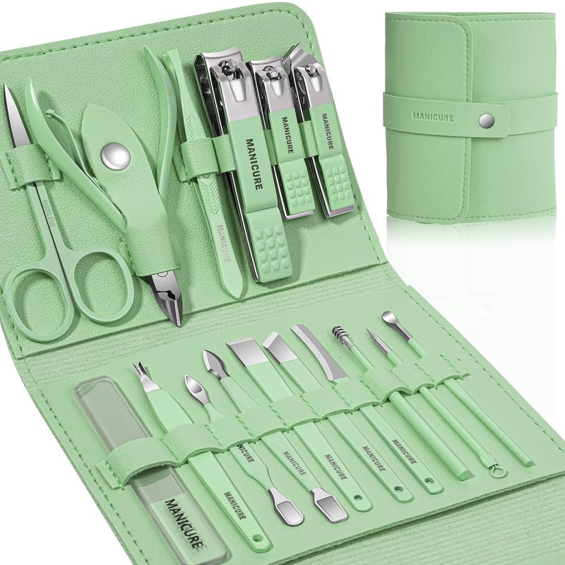 Leipple Manicure Set Professional Nail Clippers Pedicure Kit, 16 pcs Stainless Steel Nail Care Tools Grooming Kit with Luxurious Travel Leather Case for Thick Nails Men Women Gift (Green) - Image 1